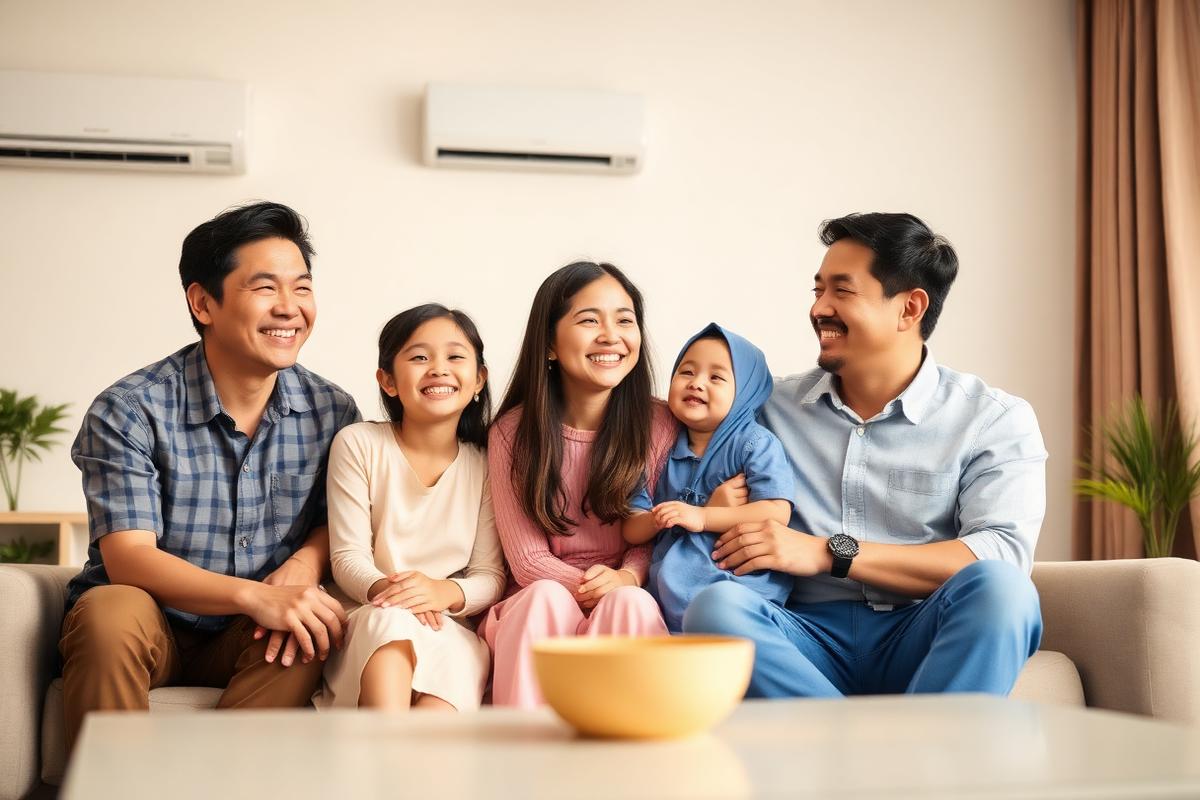 Keluarga pelanggan puas dengan hasil service AC di ruang tamu